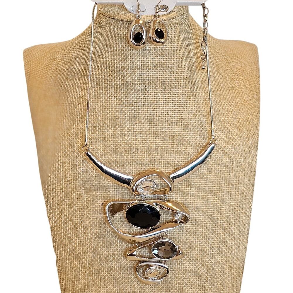 Statement Necklace Earring Set Women Silver Tone Black Clear Gem Fashion Jewelry